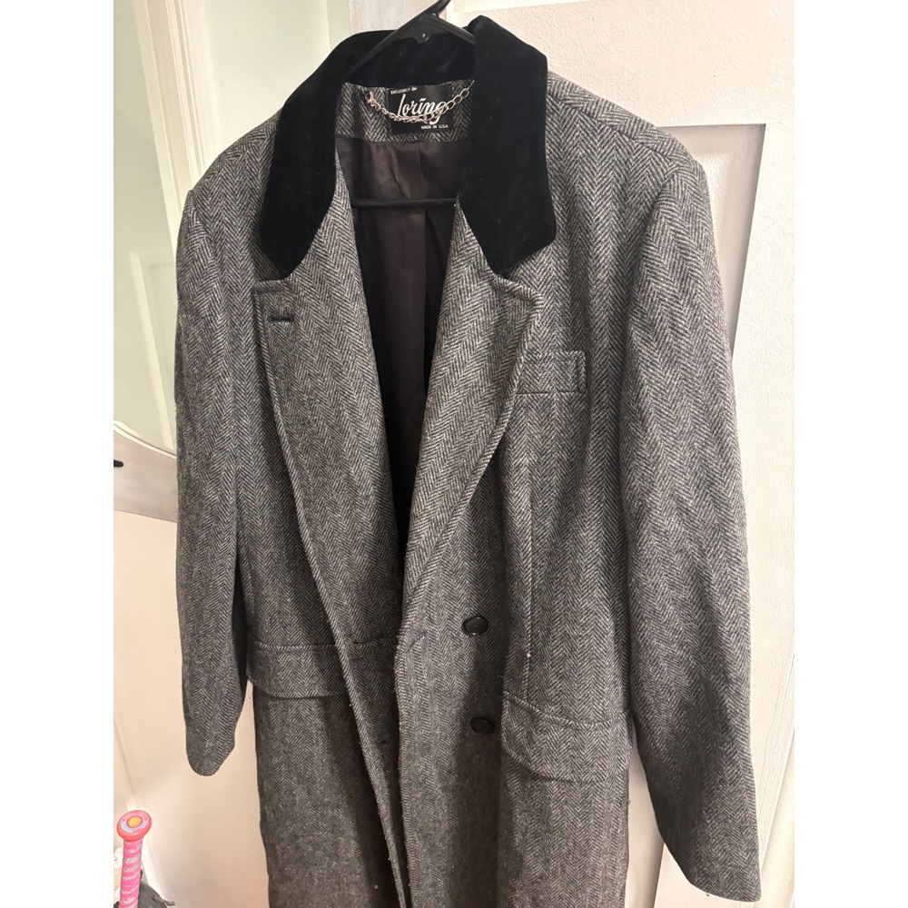 Vintage Loring Herringbone Wool Coat Velvet Collar Grey ILGWU Made in USA